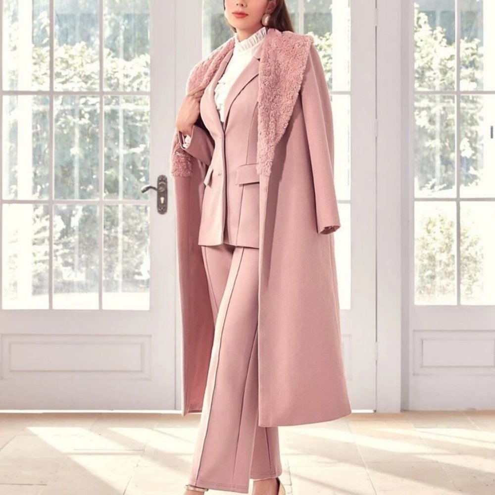 Faux Fur neckline Collar Overcoat Jacket Pink - Picture 2 of 6